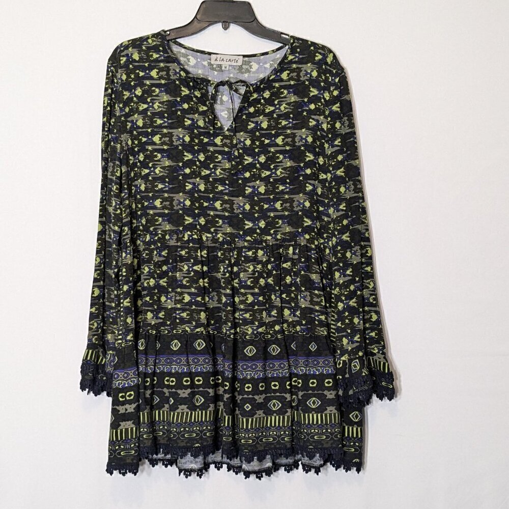 A LA CARTE Navy/Green Loose Fit Long Sleeve Mini Baby Doll Dress; Lace; Size M